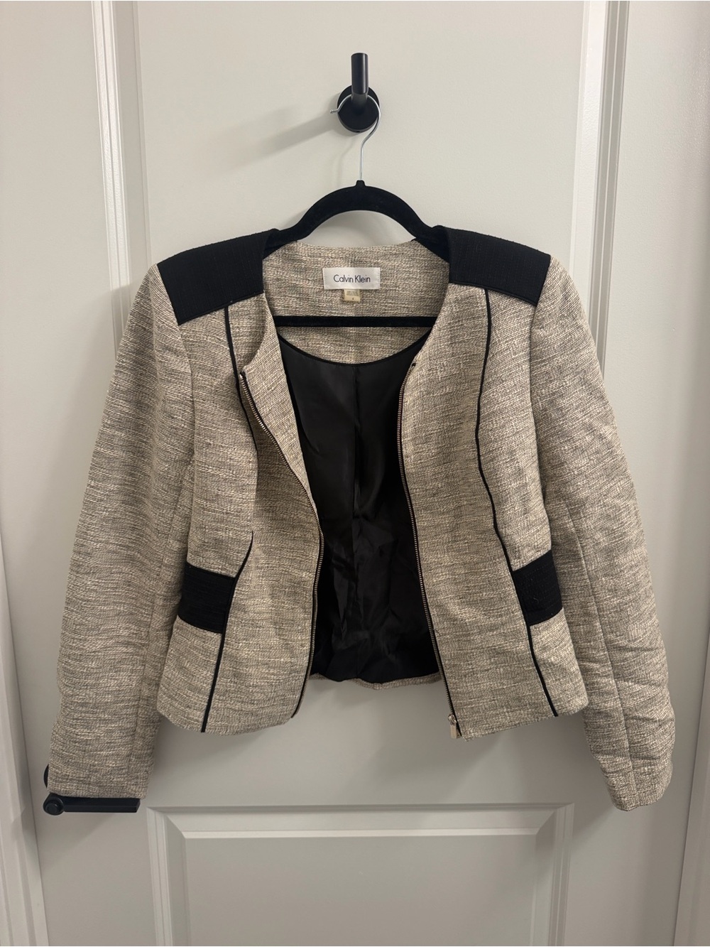Calvin Klein Beige Tweed Jacket with Black Trim